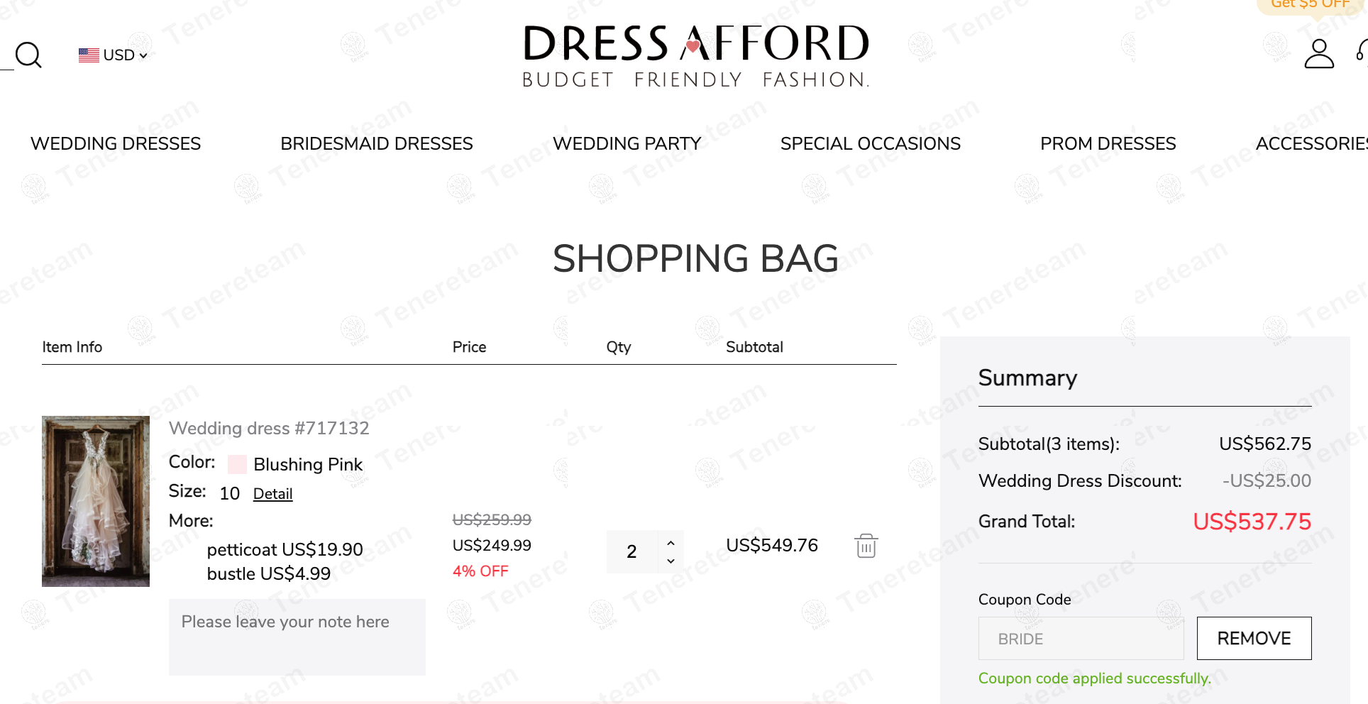 Dress Afford coupon code: $25 off with BRIDE. Tested and valid as 1 year ago.