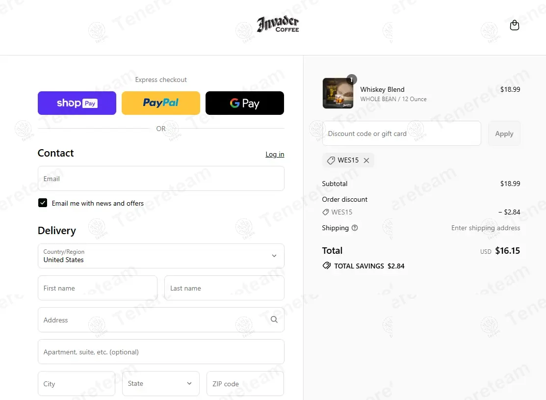 Invader Coffee coupon code: 15% off with WES15. Tested and valid as 11 months ago.