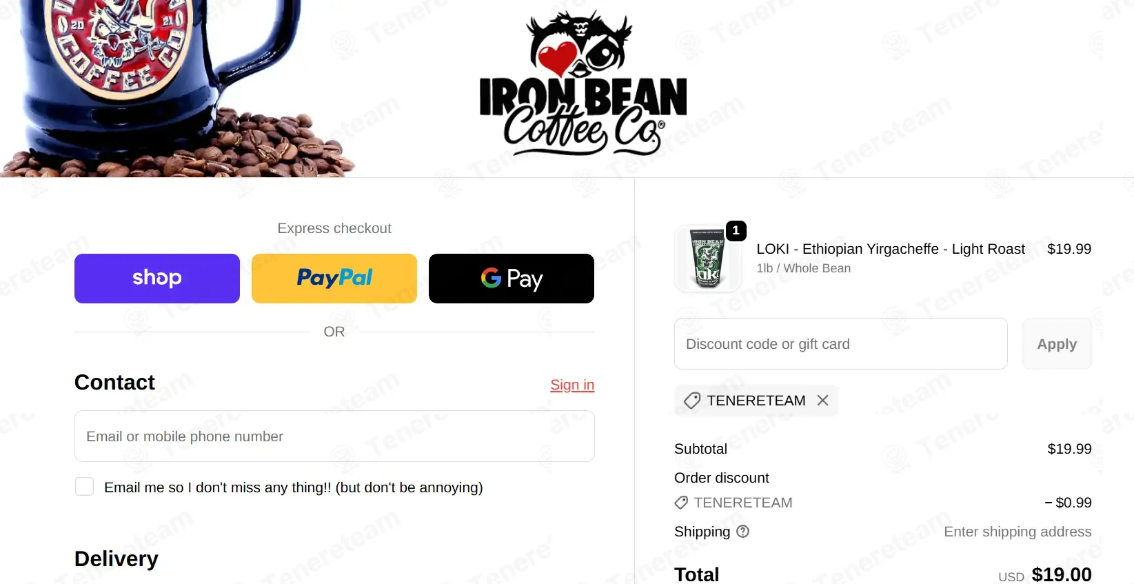 Iron Bean Coffee coupon code: 5% off with TENERETEAM. Tested and valid as 2 weeks ago.