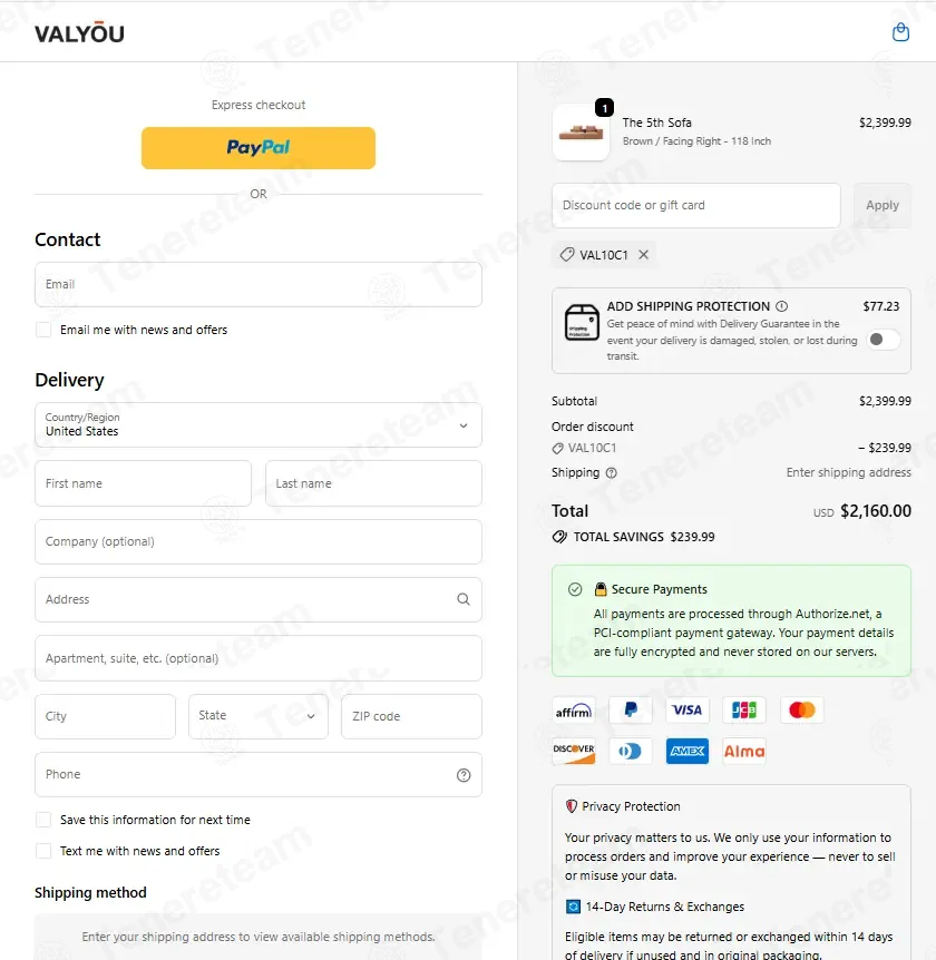 Valyou Furniture coupon code: 10% off with VAL10C1. Tested and valid as 2 months ago.