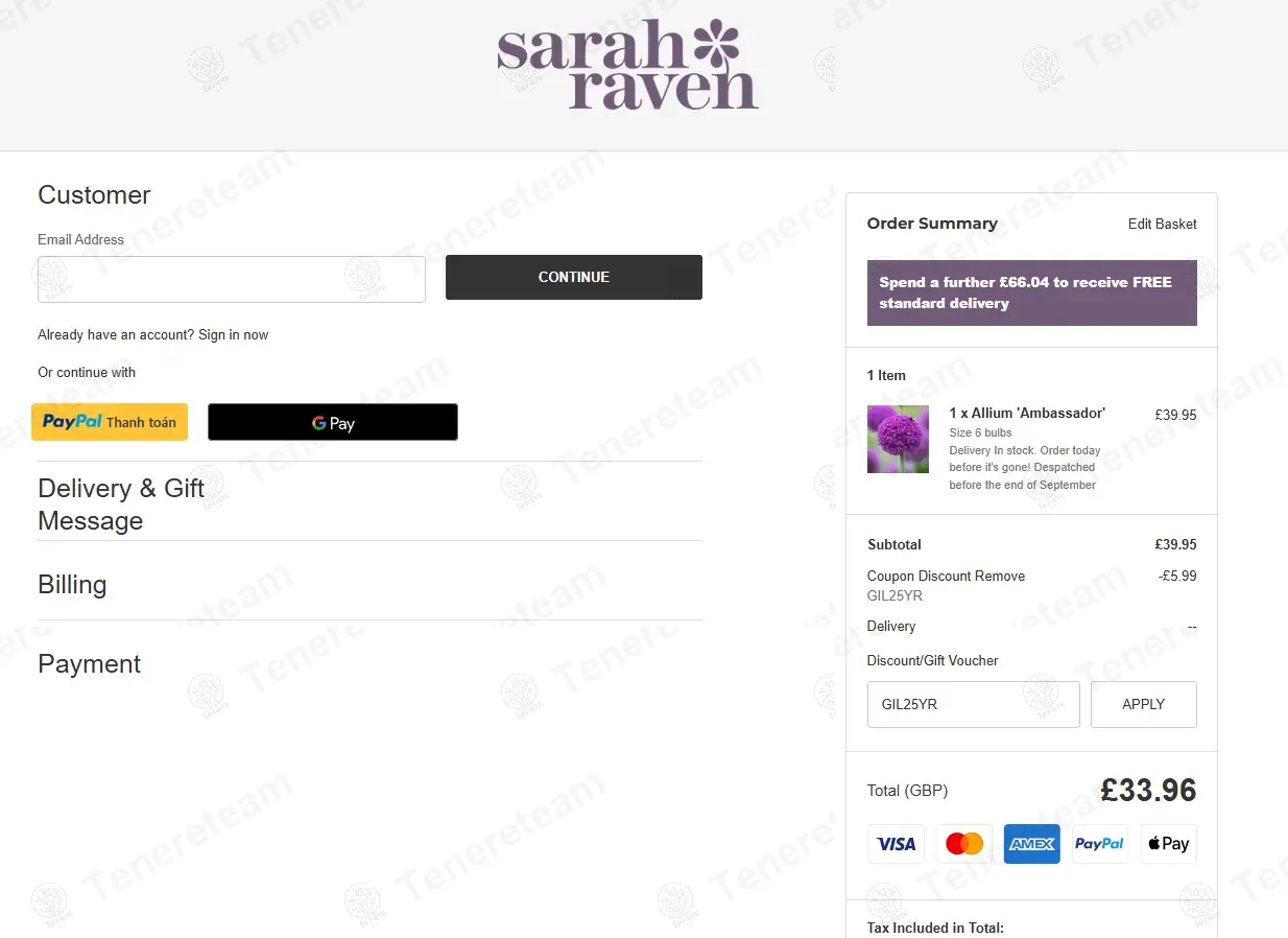 Sarah Raven coupon code: 15% off with GIL25YR. Tested and valid as 8 months ago.