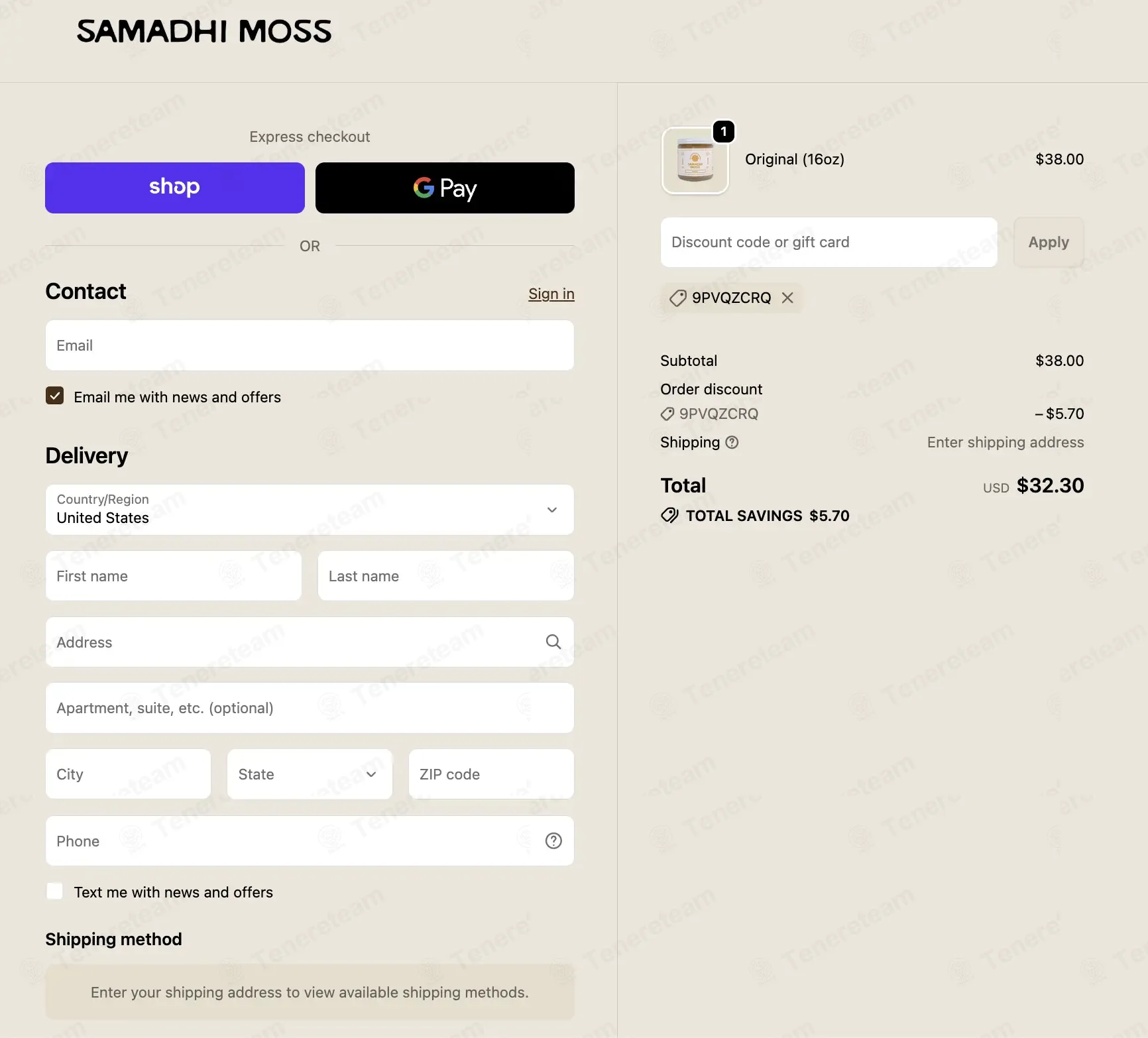 Samadhi Moss coupon code: 15% off with 9PVQZCRQ. Tested and valid as 1 week ago.