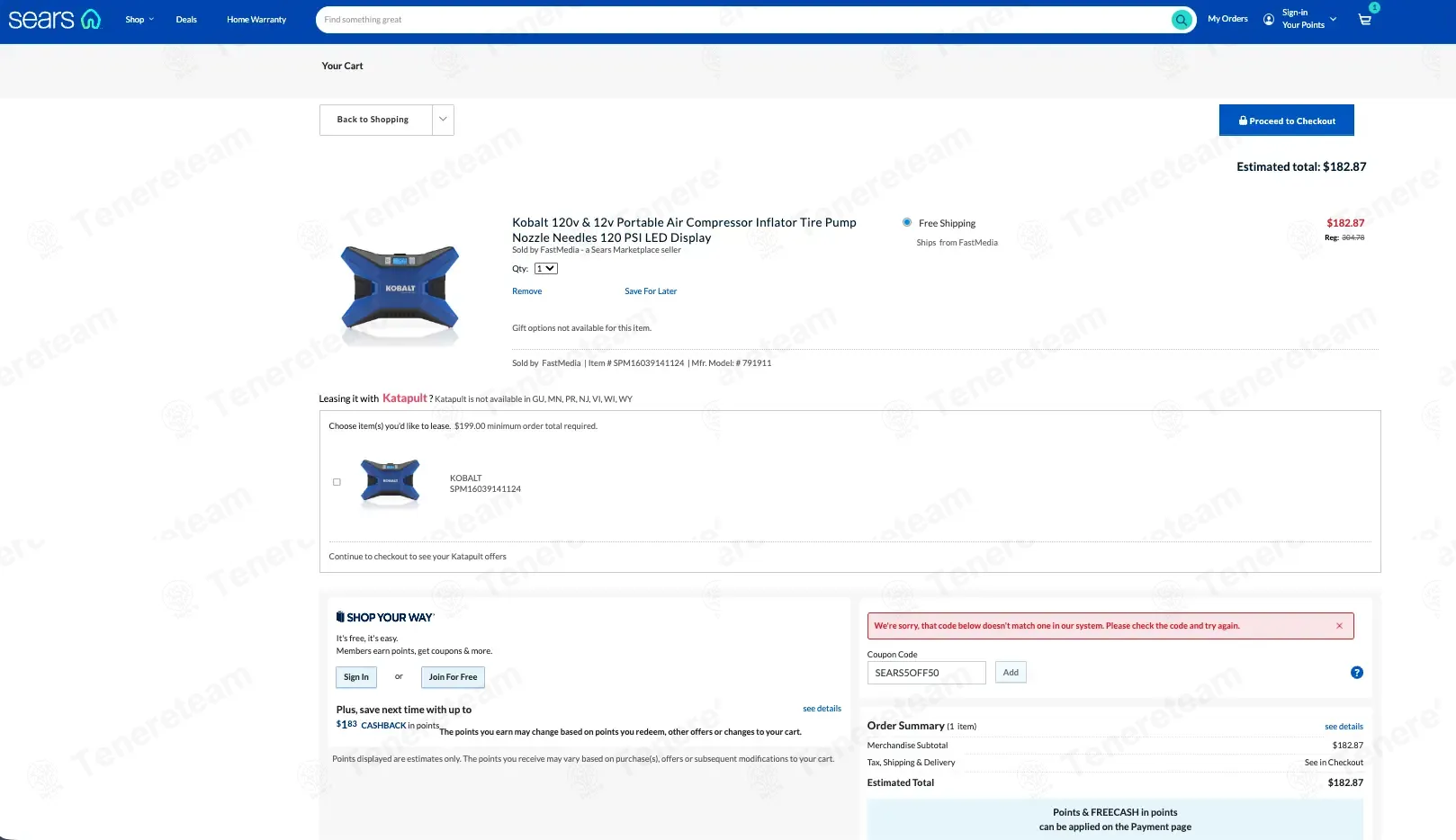 Sears coupon code: $5 off with SEARS5OFF50. Tested and valid as 2 days ago.