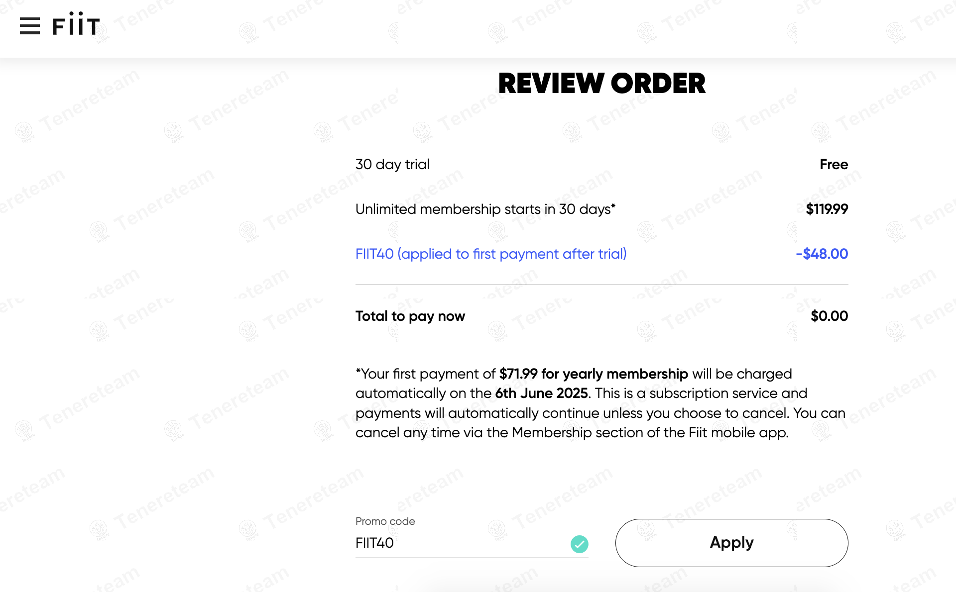 Fiit.tv coupon code: 40% off with FIIT40. Tested and valid as 1 year ago.