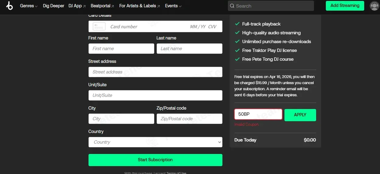 Beatport coupon code: 50% off with 50BP. Tested and valid as 2 months ago.