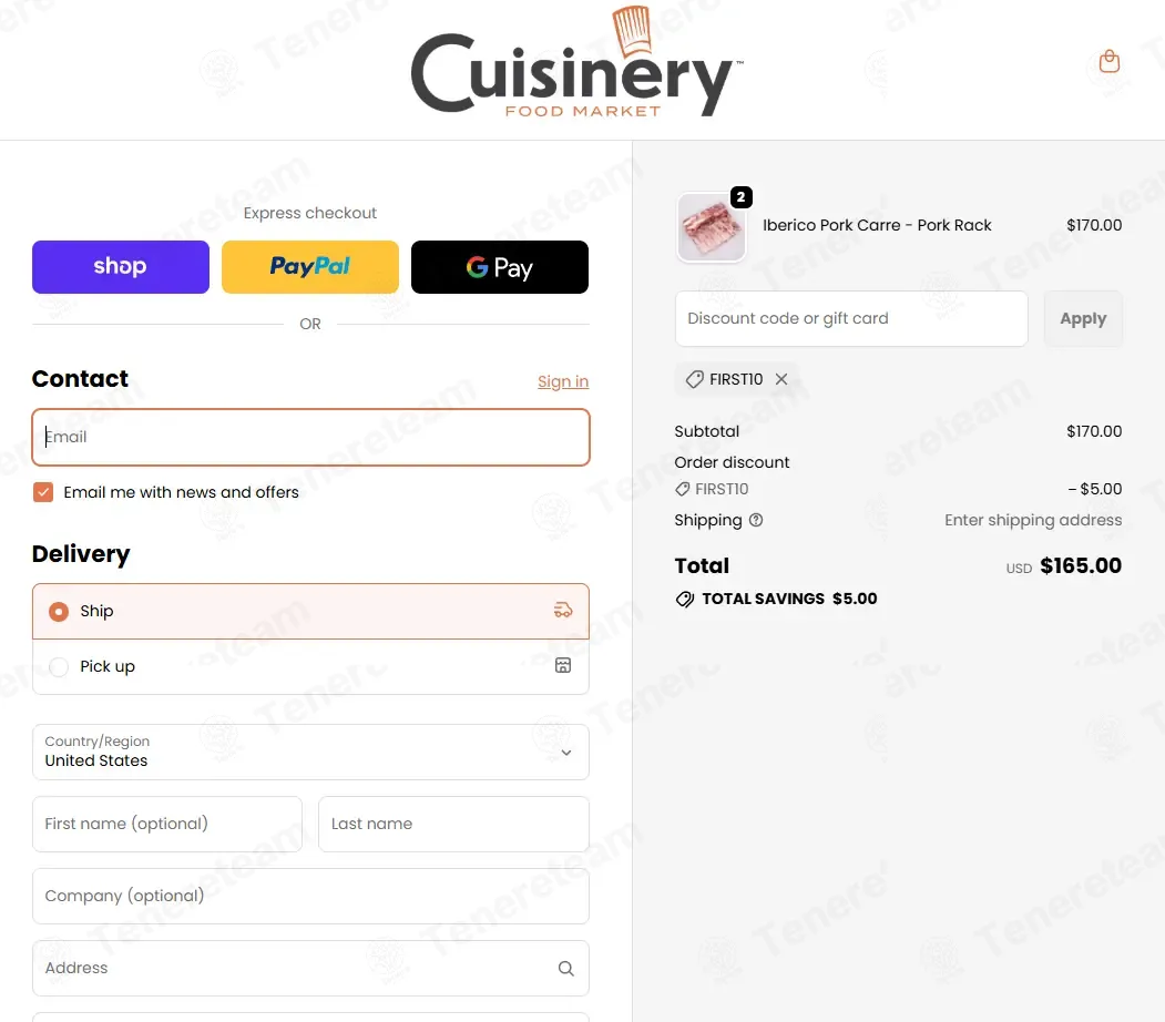Cuisinery Food Market coupon code: $5 off with FIRST10. Tested and valid as 2 weeks ago.