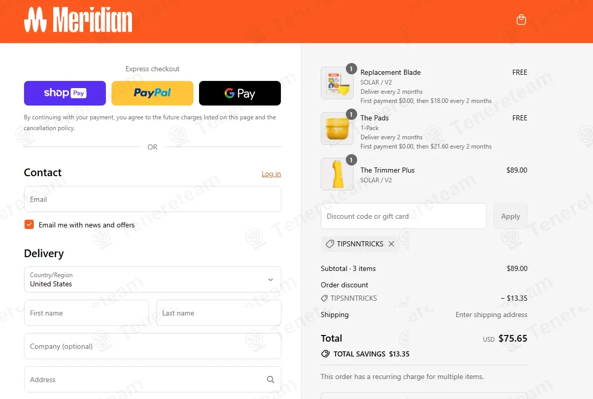 Meridian Grooming coupon code: 15% off with TIPSNNTRICKS. Tested and valid as 10 months ago.