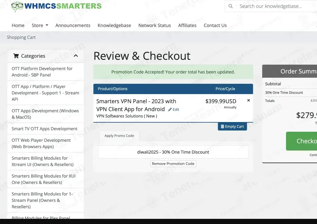 Whmcs Smarters coupon code: 30% off with diwali2025. Tested and valid as 5 months ago.