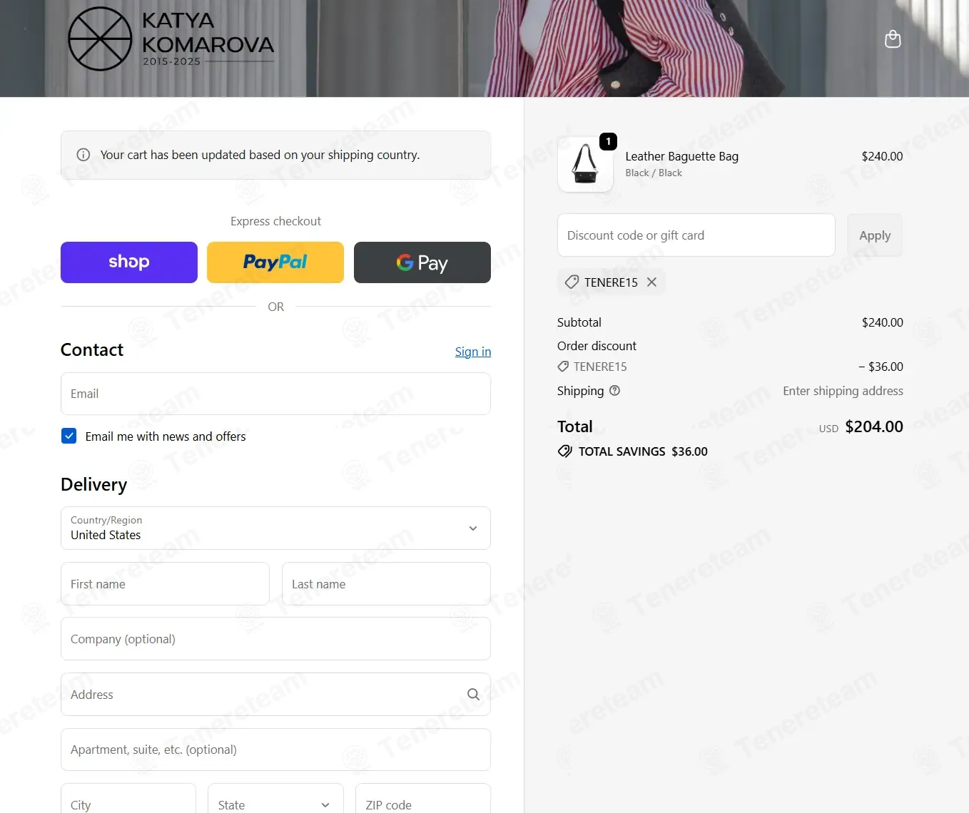 Katya Komarova coupon code: 15% off with TENERE15. Tested and valid as 5 days ago.