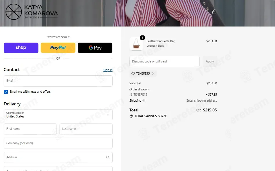 Katya Komarova coupon code: 15% off with TENERE15. Tested and valid as 5 days ago.