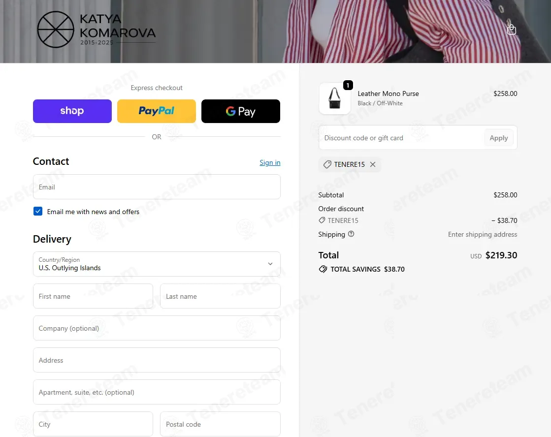 Katya Komarova coupon code: 15% off with TENERE15. Tested and valid as 5 days ago.