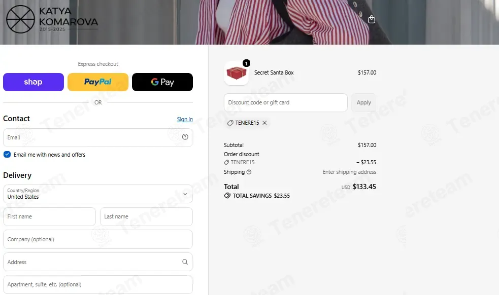 Katya Komarova coupon code: 15% off with TENERE15. Tested and valid as 5 days ago.
