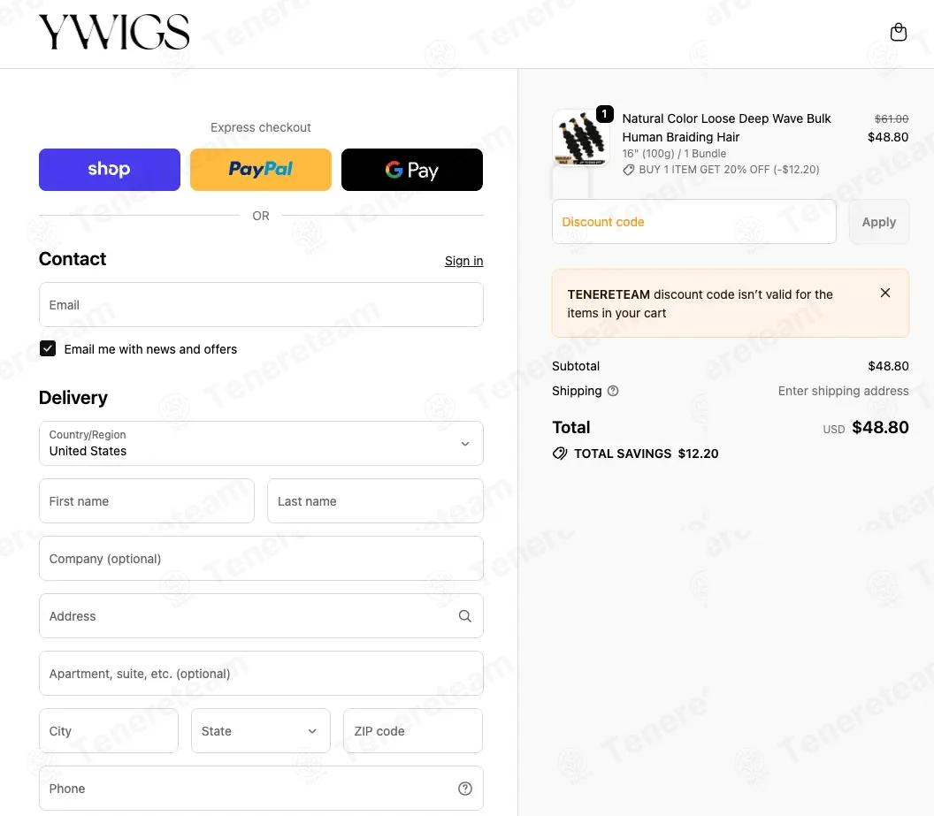 Ywigs coupon code: 15% off with TENERETEAM. Tested and valid as 1 month ago.