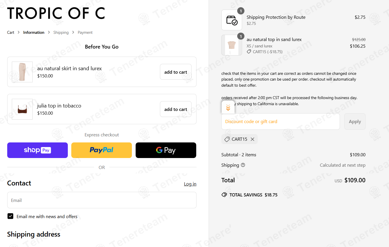 Tropic Of C coupon code: 15% off with CART15. Tested and valid as 1 year ago.