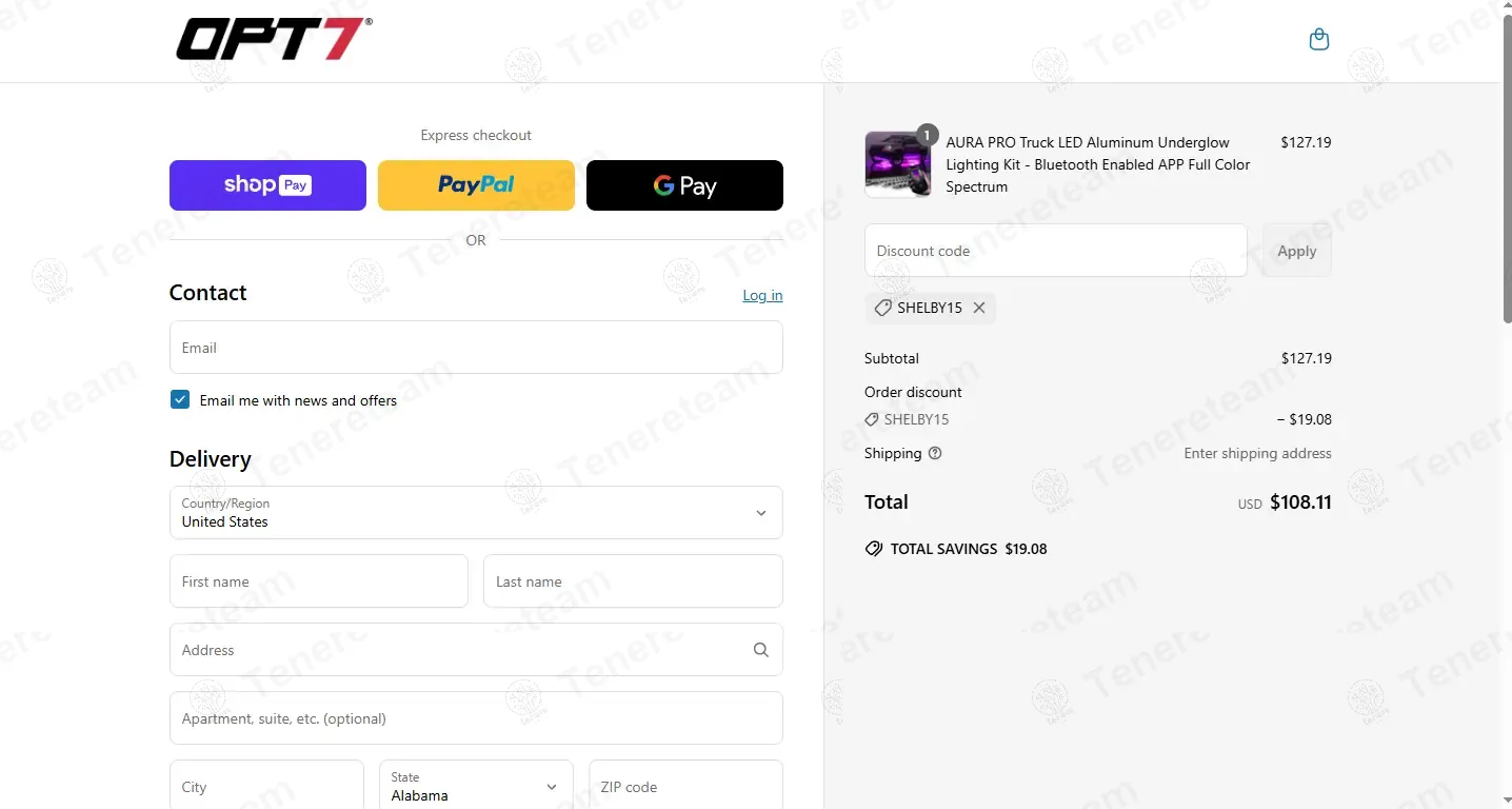 OPT7 Lighting coupon code: 15% off with SHELBY15. Tested and valid as 1 year ago.
