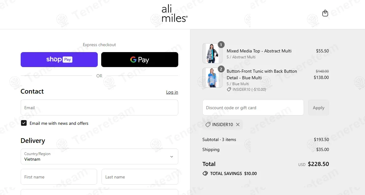 Ali Miles coupon code: $10 off with INSIDER10. Tested and valid as 10 months ago.