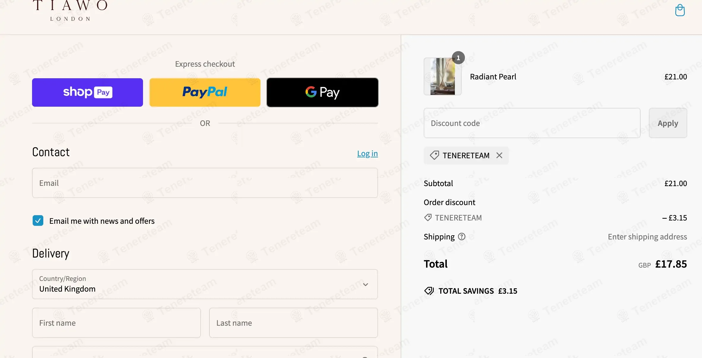 Tiawo London coupon code: 10% off with TENERETEAM. Tested and valid as 1 year ago.