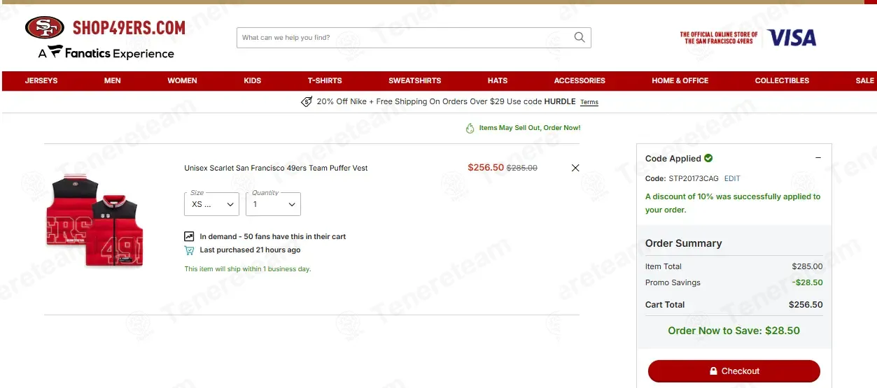 Shop 49ers coupon code: 10% off with STP20173CAG. Tested and valid as 2 days ago.