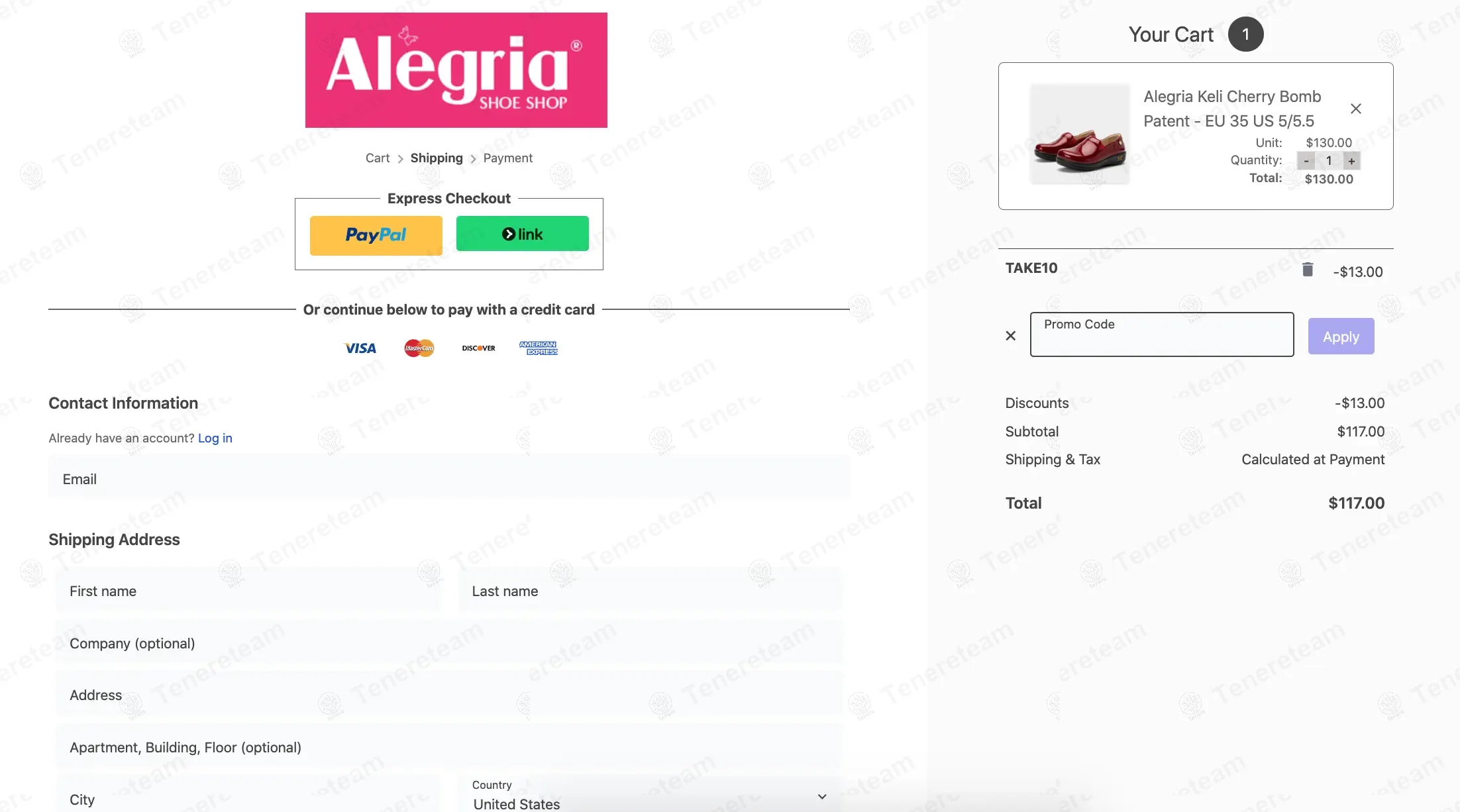 Alegria Shoe Shop coupon code: 10% off with TAKE10. Tested and valid as 11 months ago.