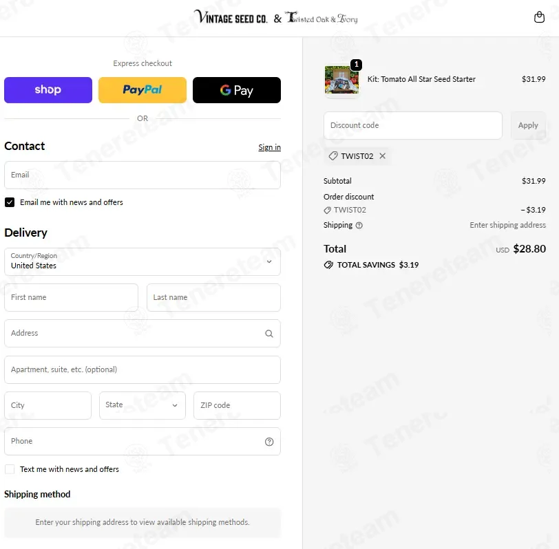 Vintage Seed Co coupon code: 10% off with TWIST02. Tested and valid as 3 weeks ago.