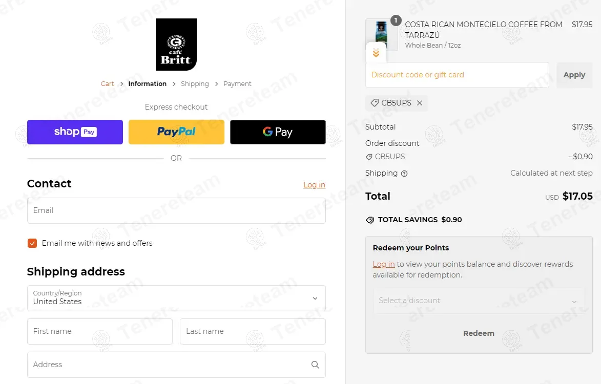 Cafe Britt coupon code: 5% off with CB5UPS. Tested and valid as 3 days ago.