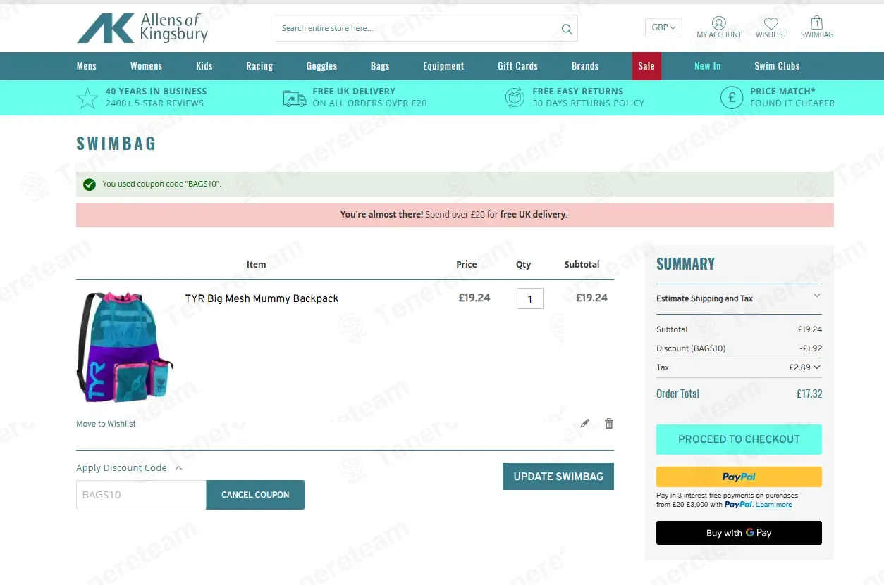 Allensswimwear UK coupon code: 10% off with BAGS10. Tested and valid as 8 months ago.