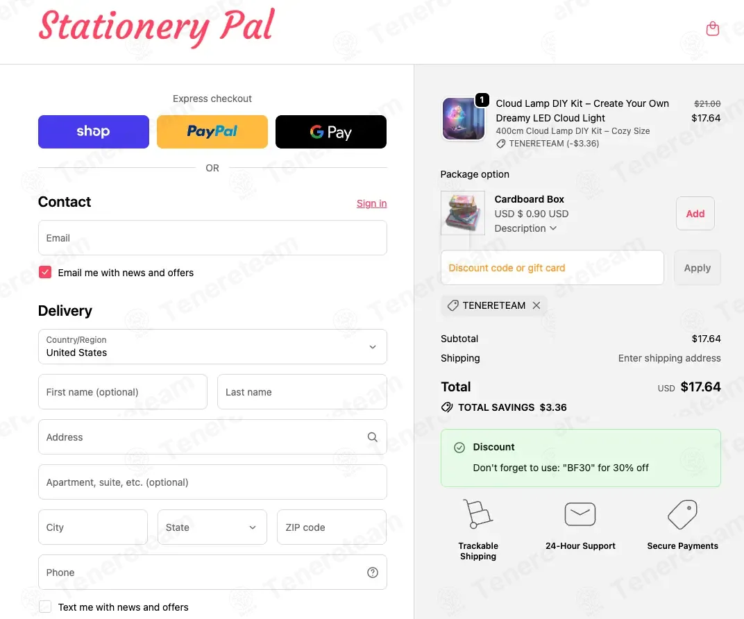 Stationery Pal coupon code: 16% off with TENERETEAM. Tested and valid as 1 month ago.