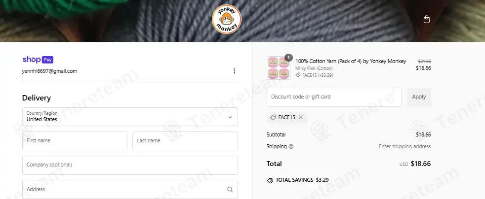 Yonkey Monkey Yarn Shop coupon code: 15% off with FACE15. Tested and valid as 1 year ago.