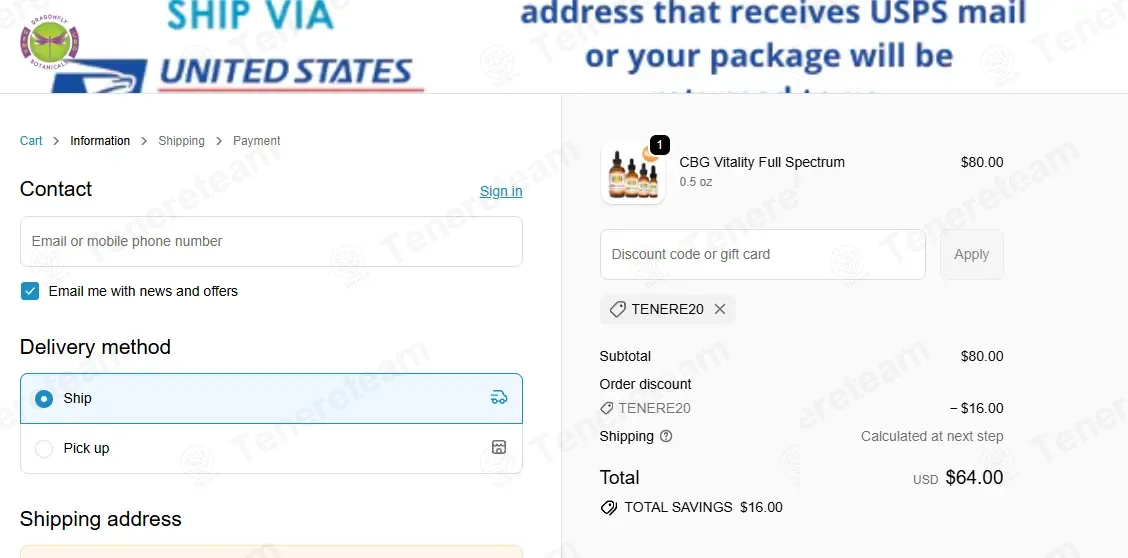 Dragonfly Botanicals coupon code: 20% off with TENERE20. Tested and valid as 1 month ago.