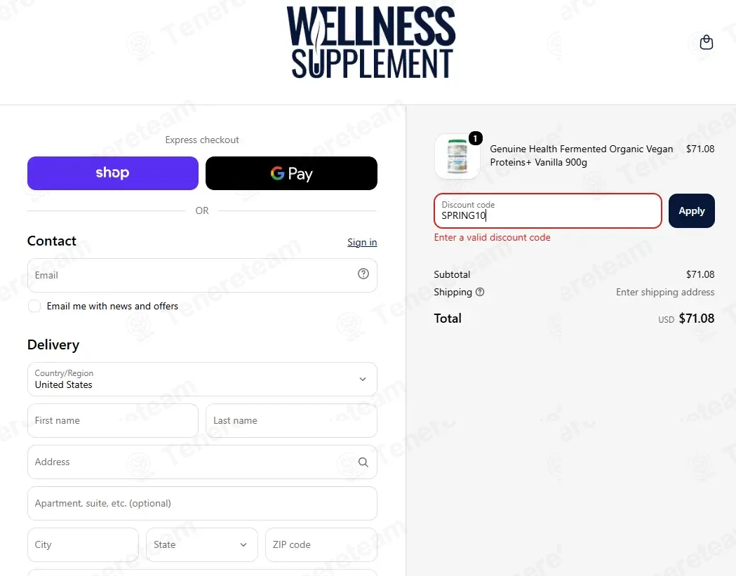 Wellness Supplement coupon code: 10% off with SPRING10. Tested and valid as 8 hours ago.