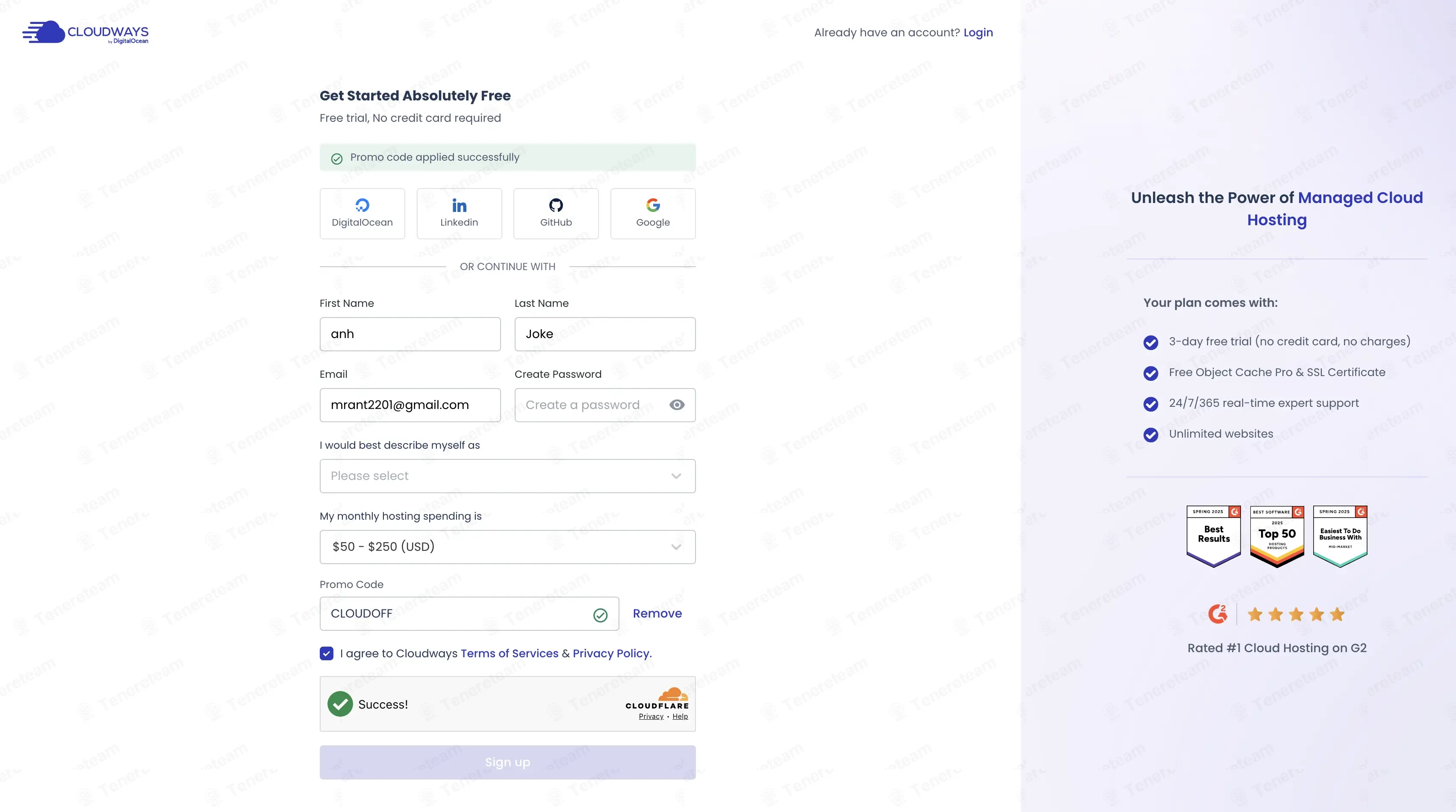 Cloudways coupon code: 50% off with CLOUDOFF. Tested and valid as 2 months ago.
