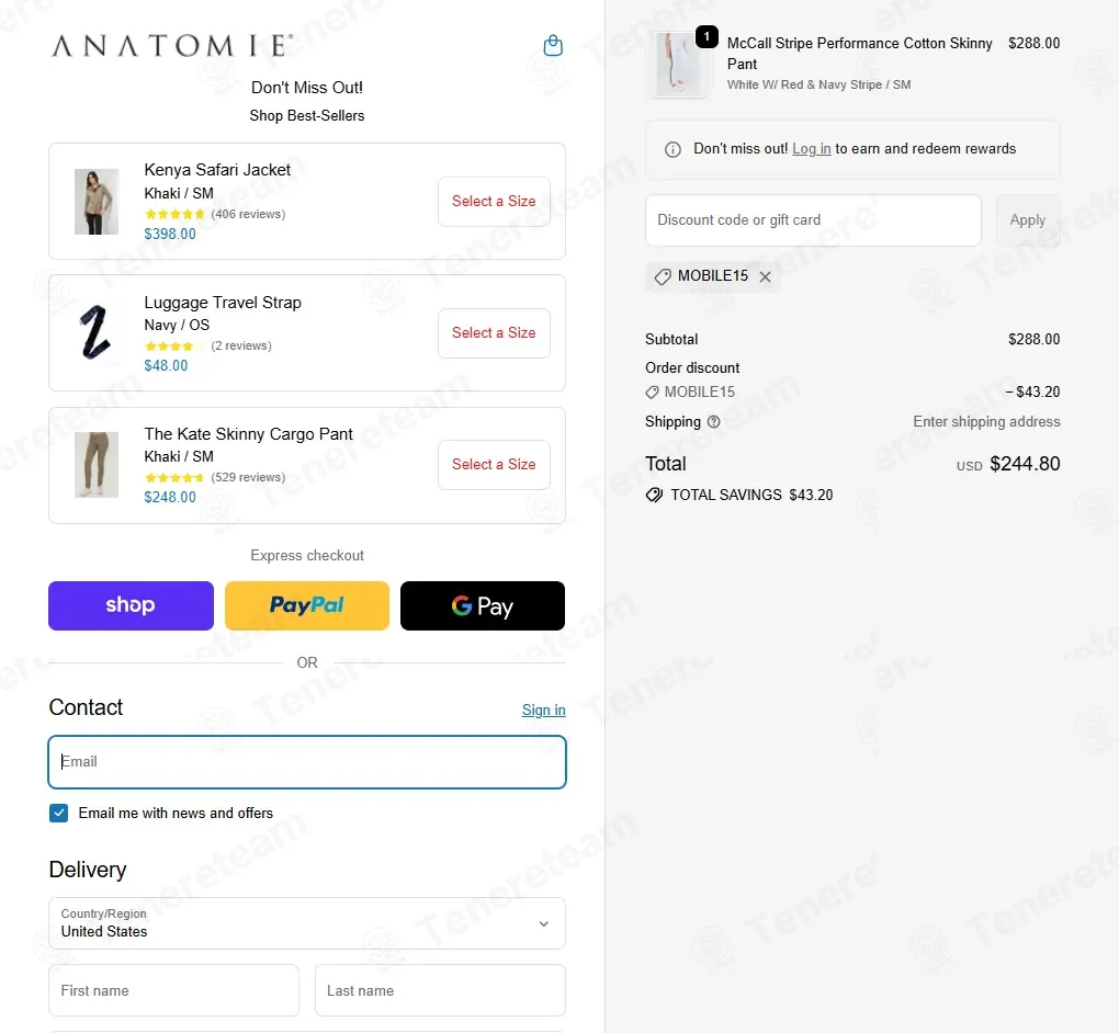 Anatomie coupon code: 15% off with MOBILE15. Tested and valid as 1 week ago.