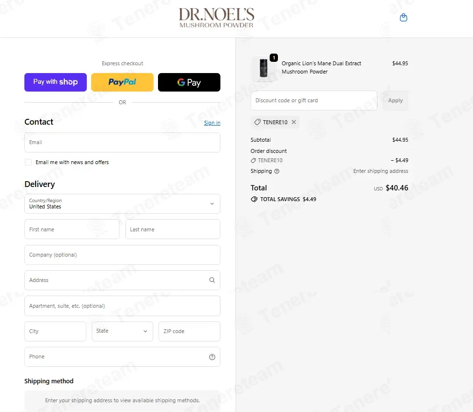 Dr. Noel's Mushroom Powder coupon code: 10% off with TENERE10. Tested and valid as 1 month ago.