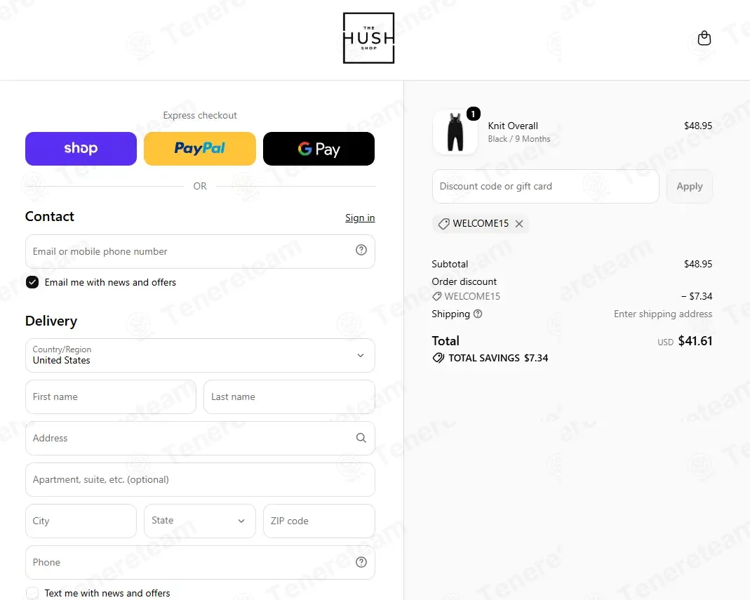 The Hush Shop coupon code: 15% off with WELCOME15. Tested and valid as 2 weeks ago.