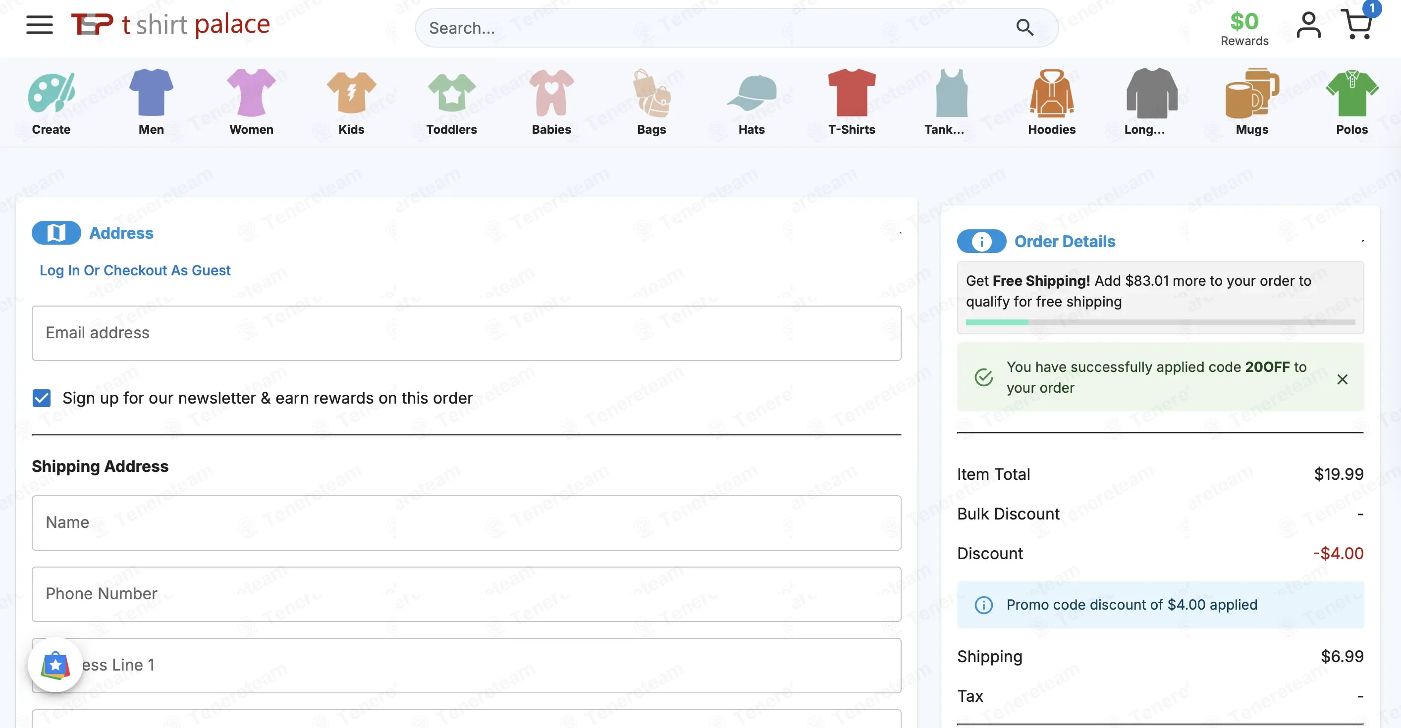 Teeshirtpalace coupon code: 20% off with 20OFF. Tested and valid as 6 months ago.