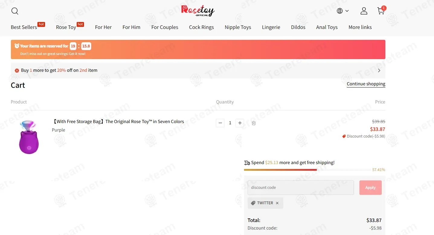 The Rose Toy Official coupon code: 15% off with TWITTER. Tested and valid as 10 months ago.