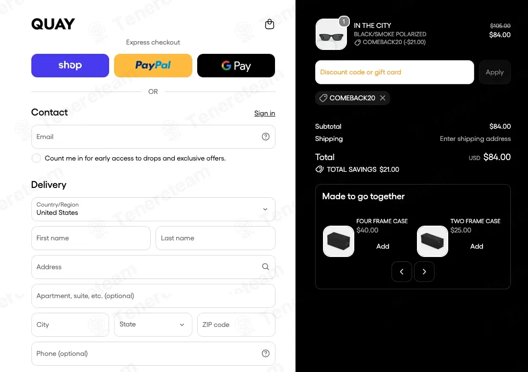 Quay coupon code: 20% off with COMEBACK20. Tested and valid as 3 weeks ago.