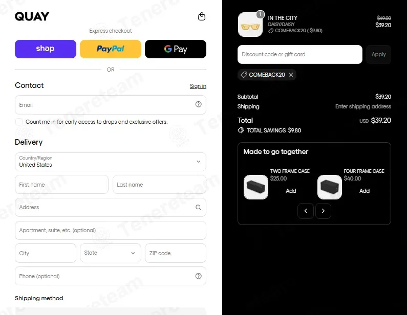 Quay coupon code: 20% off with COMEBACK20. Tested and valid as 3 weeks ago.