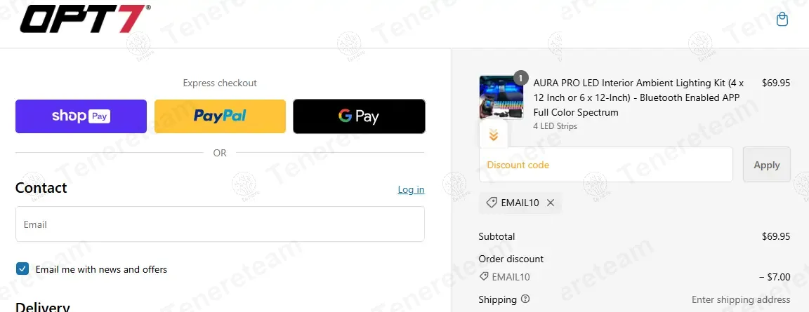 OPT7 Lighting coupon code: 10% off with EMAIL10. Tested and valid as 1 year ago.