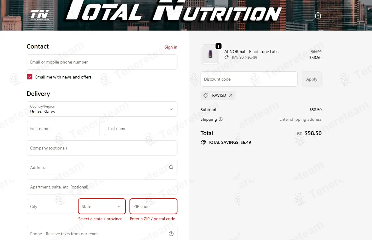 Total Nutrition coupon code: 10% off with TRAVISD. Tested and valid as 10 months ago.
