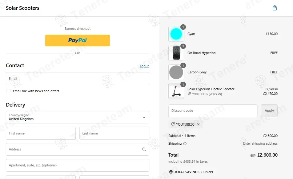 Solar Scooters coupon code: 5% off with YOUTUBE05. Tested and valid as 1 year ago.