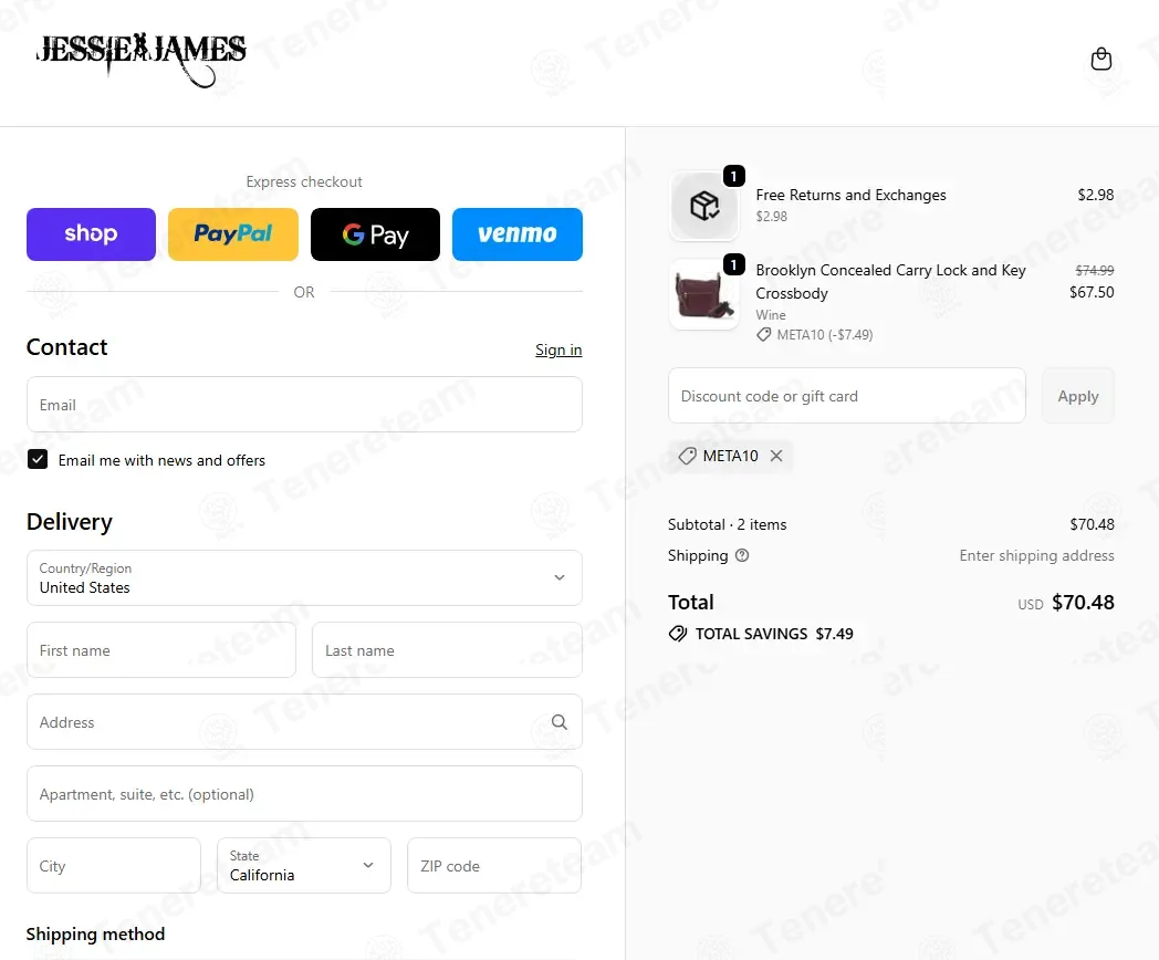 Jessie James Handbags coupon code: 10% off with META10. Tested and valid as 3 weeks ago.