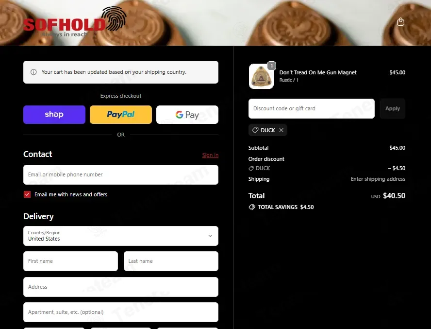 Sofhold coupon code: 10% off with DUCK. Tested and valid as 8 months ago.