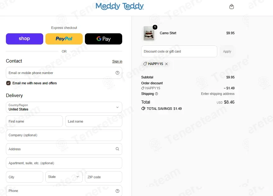 Meddy Teddy coupon code: 15% off with HAPPY15. Tested and valid as 3 weeks ago.