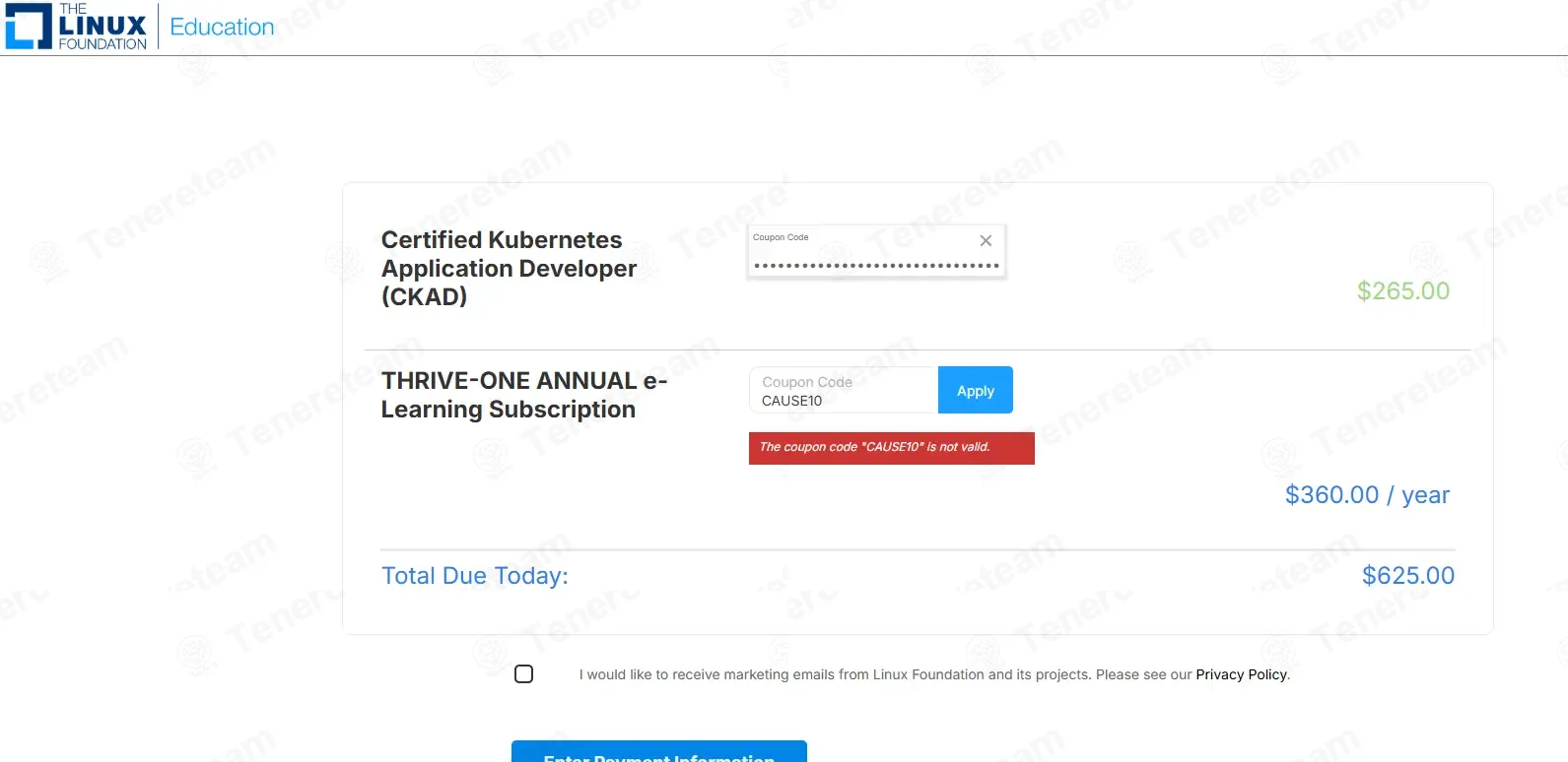Linux Foundation coupon code: 10% off with CAUSE10. Tested and valid as 4 months ago.