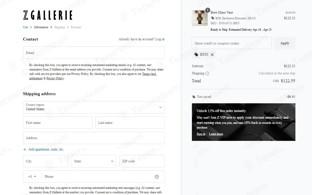 Z Gallerie coupon code: 5% off with KT05. Tested and valid as 1 month ago.