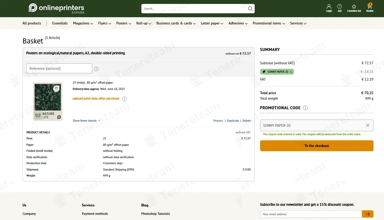 Onlineprinters ES coupon code: 20% off with SUNNY-PAPER-20. Tested and valid as 1 year ago.