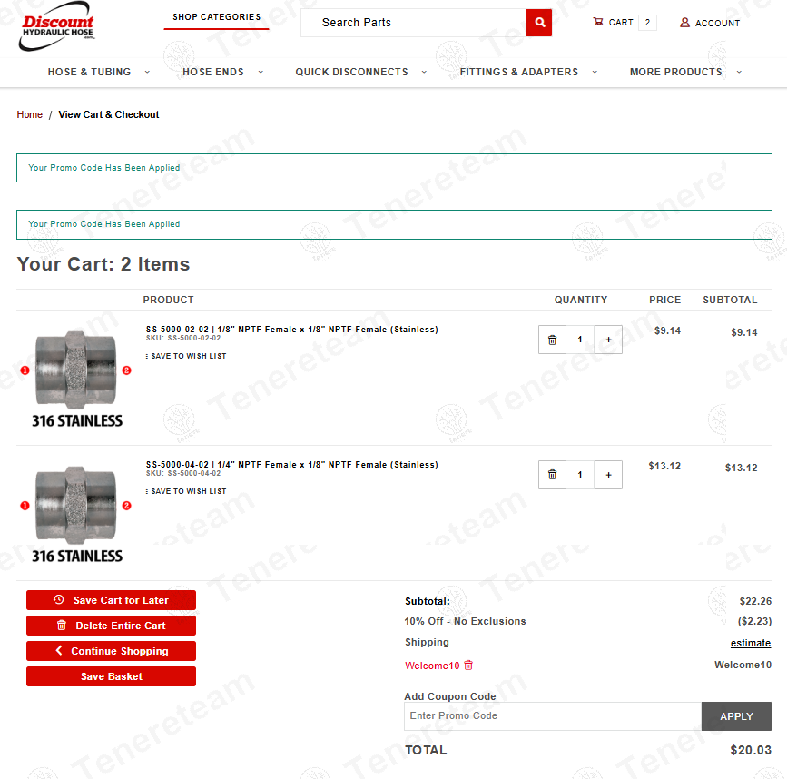 Discount Hydraulic Hose coupon code: 10% off with WELCOME10. Tested and valid as 1 year ago.