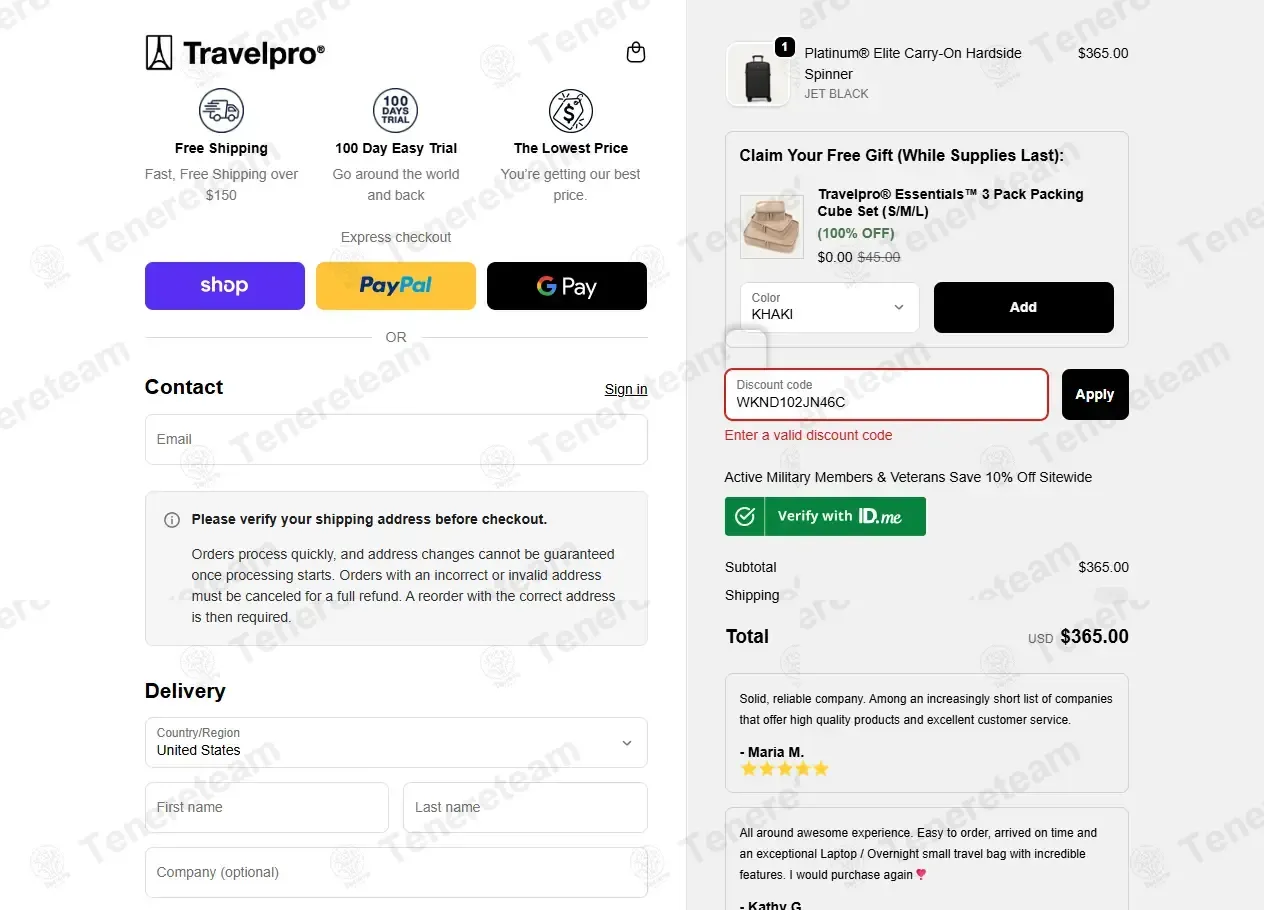 Travelpro coupon code: 10% off with WKND102JN46C. Tested and valid as 2 months ago.