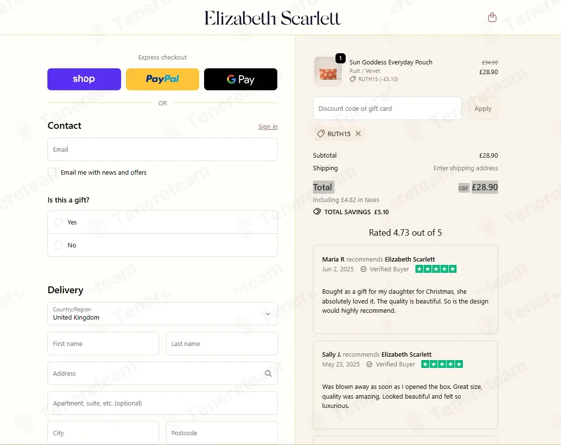 Elizabeth Scarlett coupon code: 15% off with RUTH15. Tested and valid as 6 months ago.